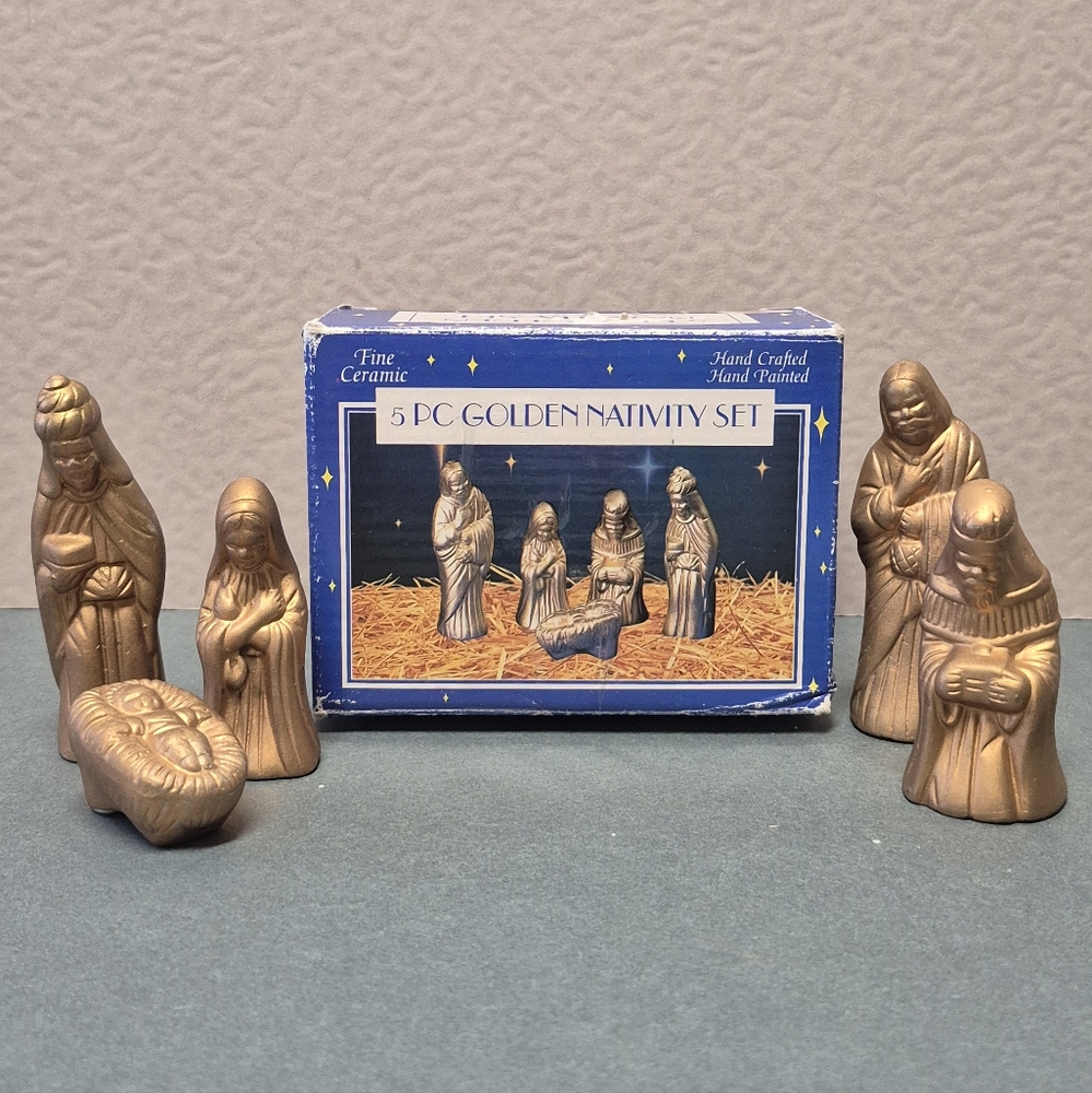 Golden Nativity Set - Ceramic - Hand Crafted and Painted - Small